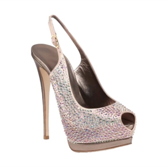 Giuseppe Zanotti Sharon Pink Swarovski Crystal Slingback Peep Toe Platform Pumps